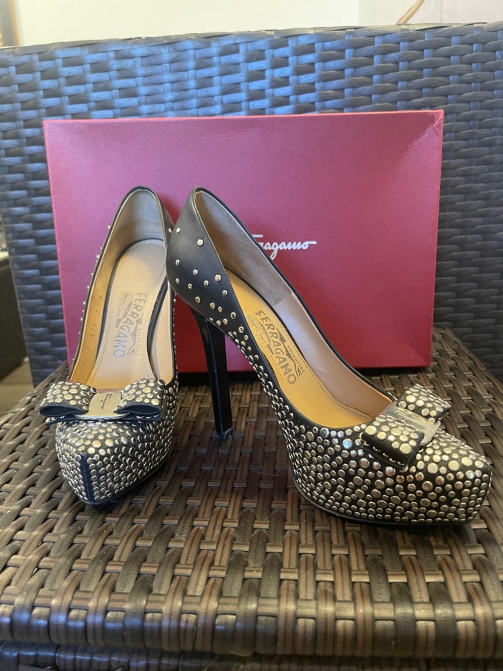 Salvatore Ferragamo Black Studded Bow High-Heel Pumps